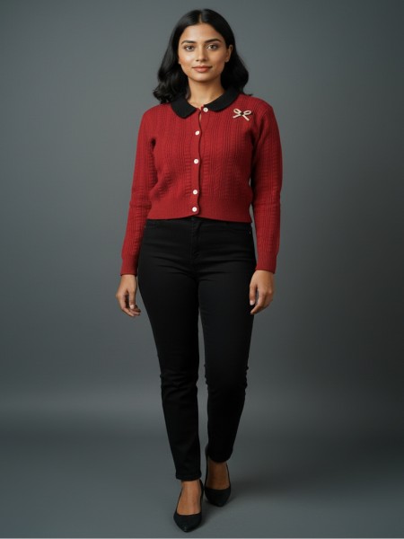 Crimson Contrast Knit Cardigan