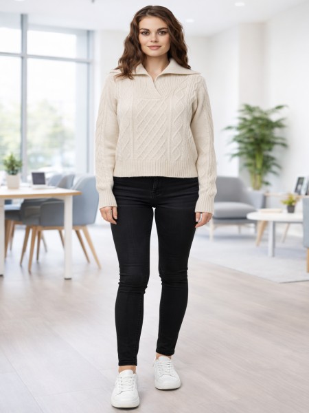 Cream Diamond-Knit Sweater – Fold Collar V-Neck Edition