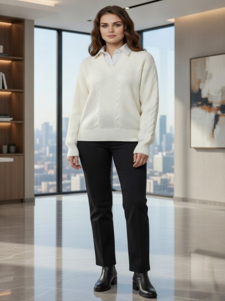 Cream Cable-Knit Layered Sweater – With Contrast Collar