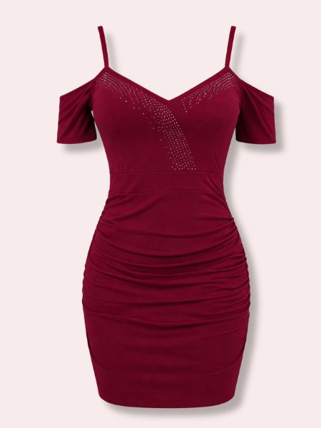Red Embellished Ruched Cocktail Dress