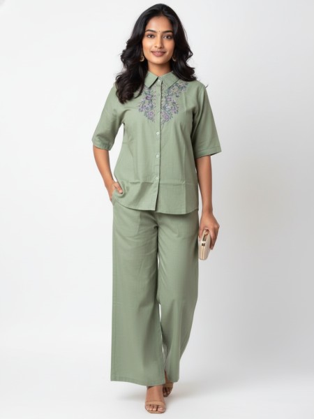 Embroidered Shirt & Relaxed Pants Light Green