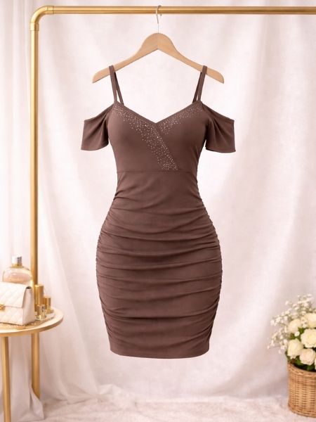 Brown Embellished Ruched Cocktail Dress