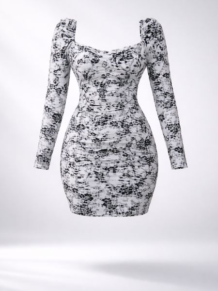 White Sheer-Sleeve Ruched Dress