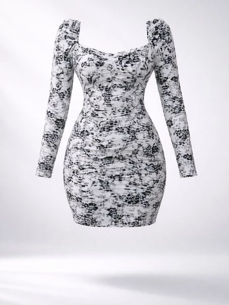 White Sheer-Sleeve Ruched Dress