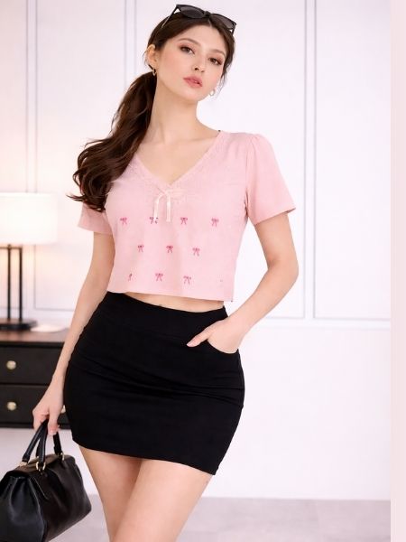 Light Pink Bow-Embroidered Top