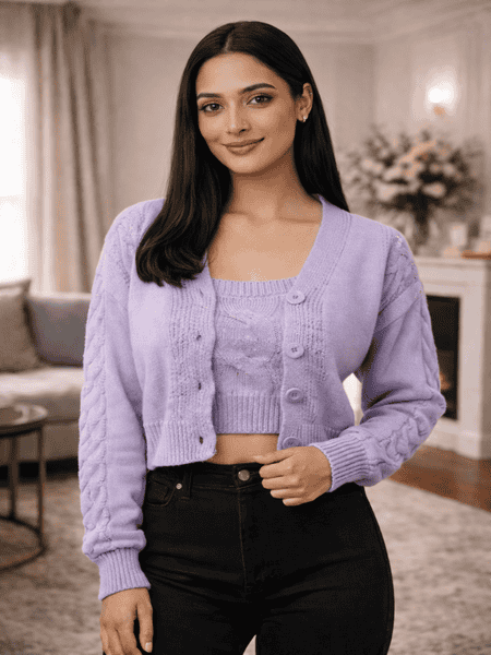 Cropped cable knit cardigan