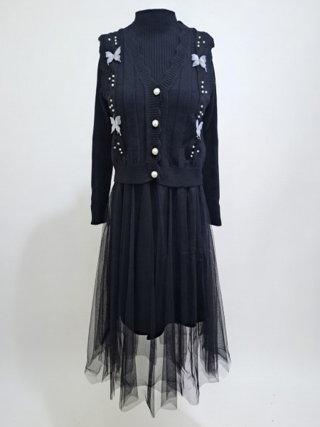 Noir Pearl-Embellished Cardigan & Ribbed Knit Dress