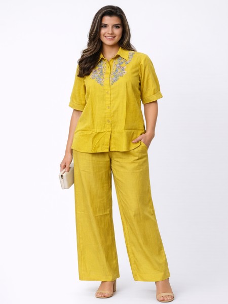 Shirt & Relaxed Pants Yellow Embroidered