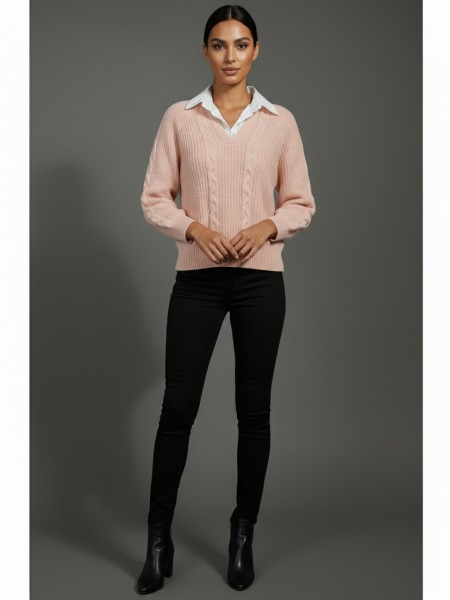 Blush Cable-Knit Layered Sweater – With Contrast Collar