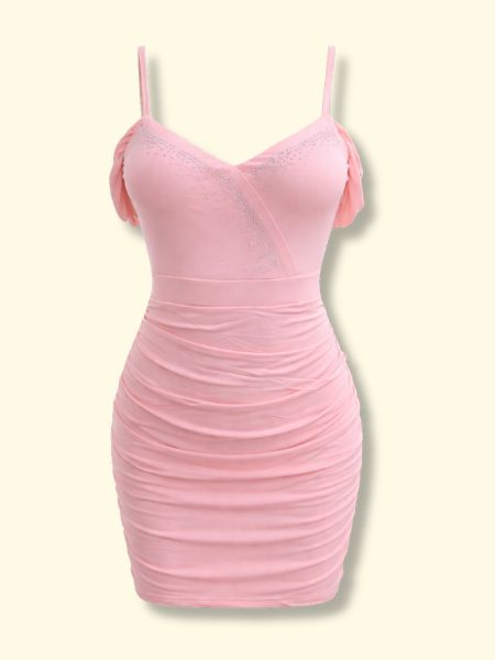 Ruched Cocktail Dress Pink Embellished Ruched Cocktail Dress