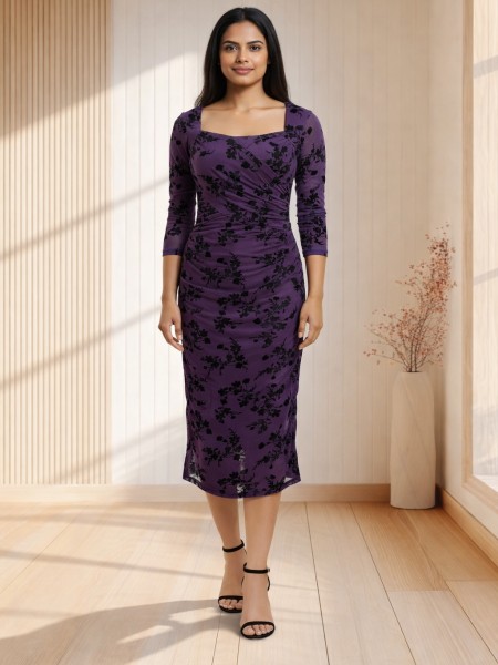 Royal Purple Floral Ruched Midi Dress