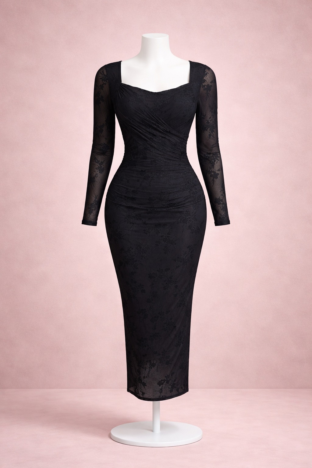 Black Floral Ruched Midi Dress