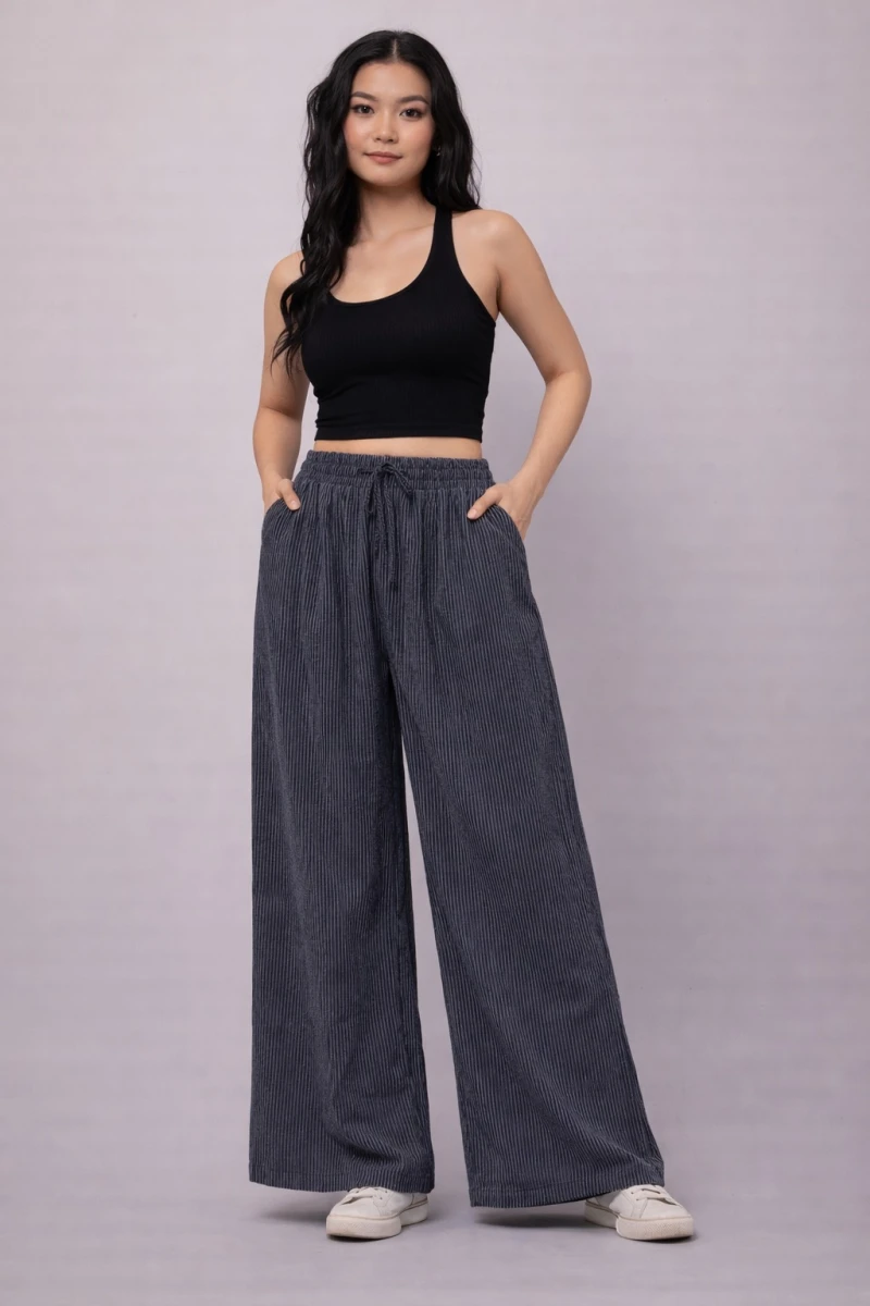 Stripe Wide-Leg Lounge Palazzo - BLACK