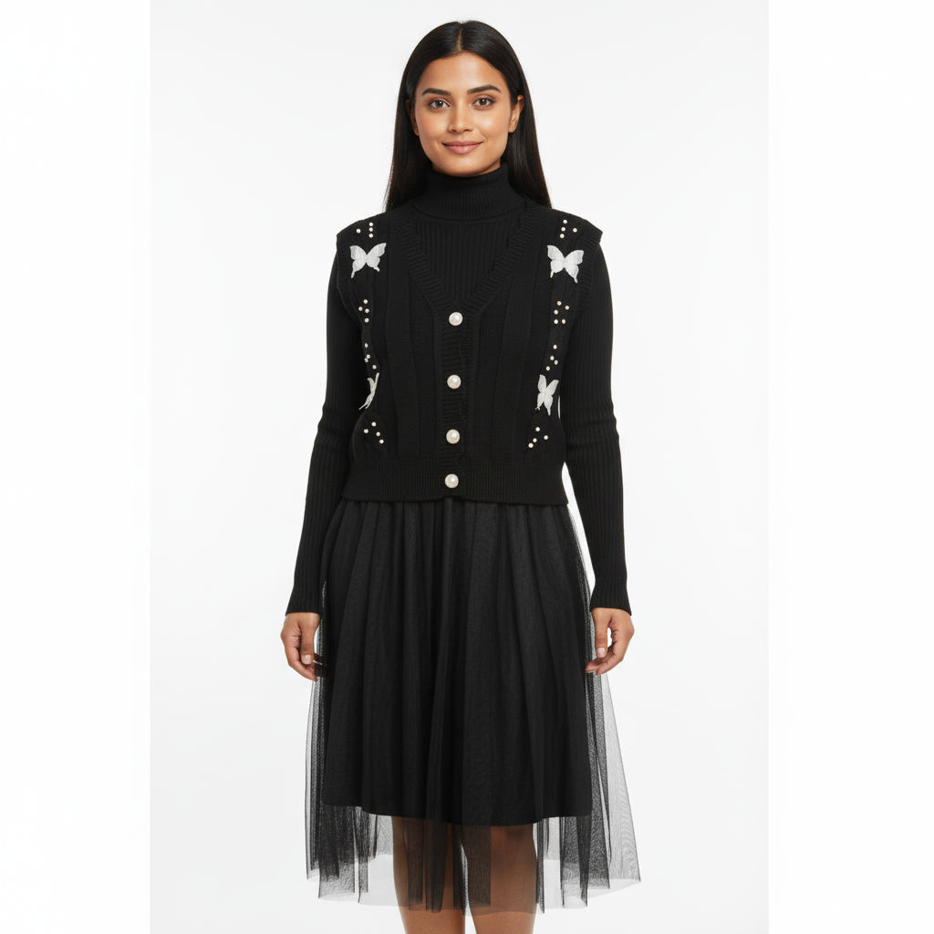 🦋 Pearl-Embellished Butterfly Cardigan & Ribbed Knit Dress Set