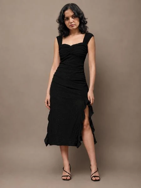 Black Ruched Sweetheart Midi Dress
