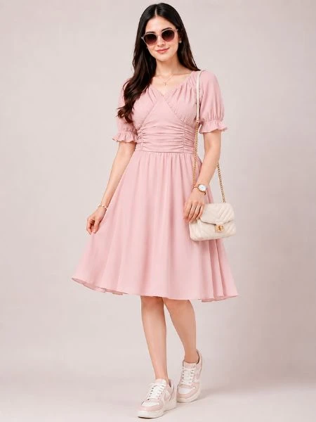 Blush Pink Ruched Fit-and-Flare Dress