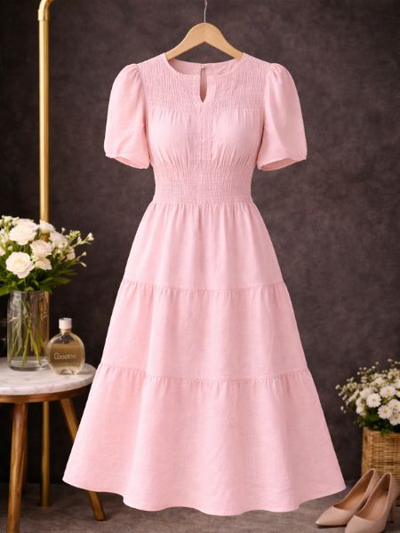 Pink Smocked Floral Midi Dress