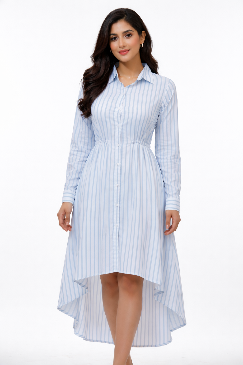 Muted Blue Striped High Low Shirt Dress