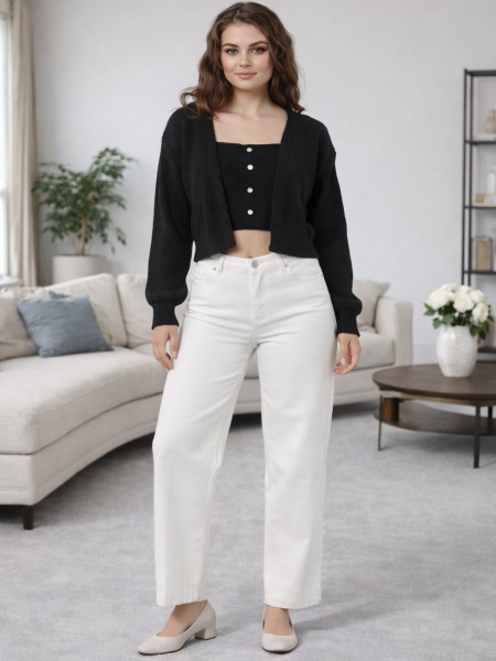 Noir Ribbed Knit Co-Ord – Cropped Cardigan & Buttoned Tank