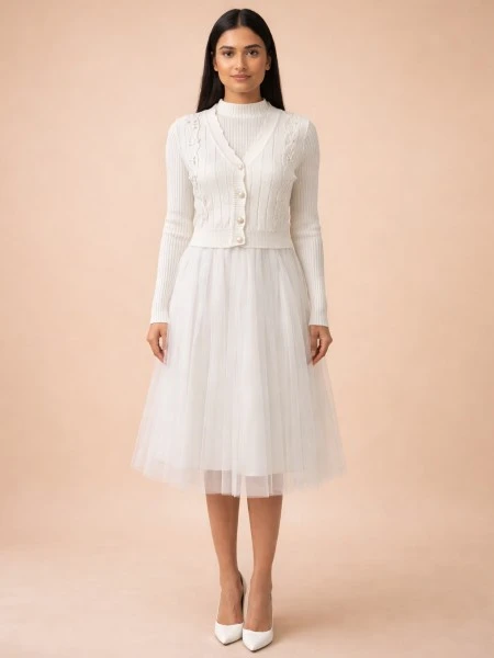 Ivory Pearl-Embellished White Cardigan & Ribbed Knit Dress