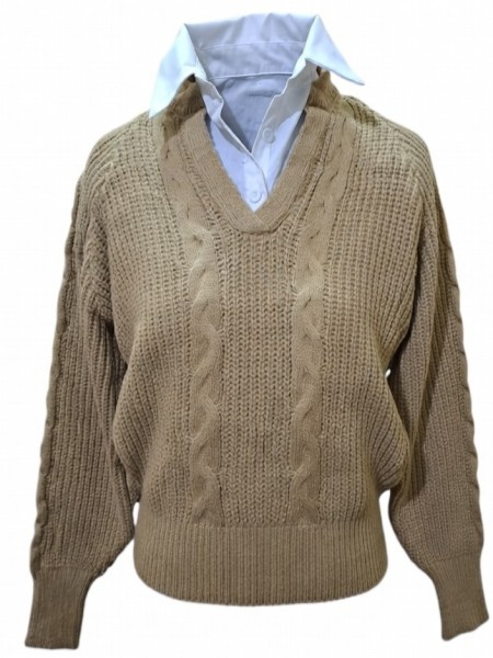 Sandstone Cable-Knit Layered Sweater – With Contrast Collar