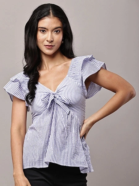 Striped Bow Blouse Blue & White