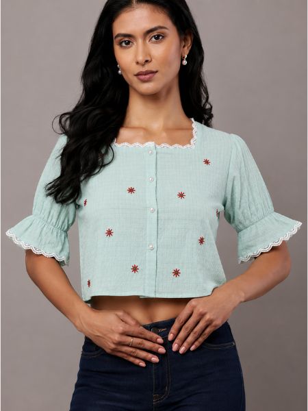 Green Embroidered Crop Top