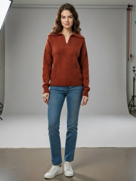 Crimson Diamond-Knit Sweater – Fold Collar V-Neck Edition